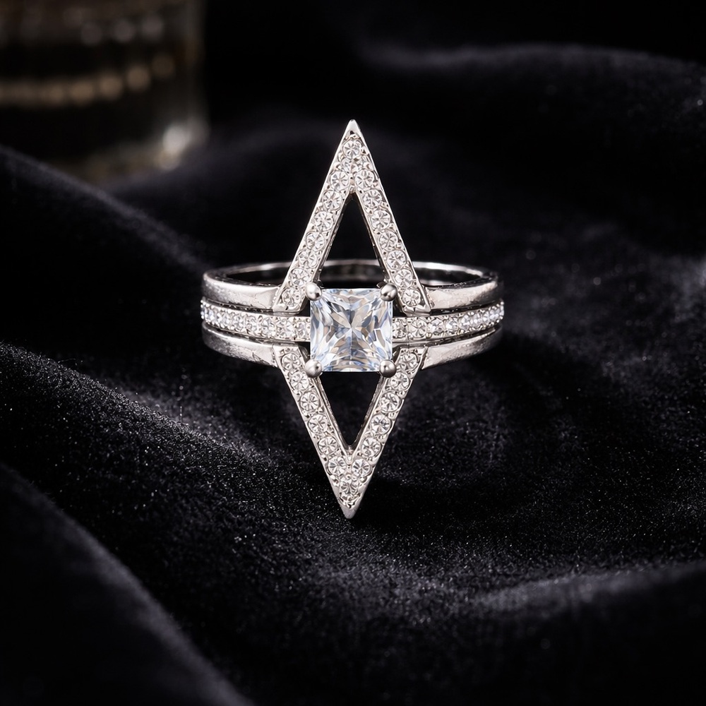 Swarovski Sterling Silver 3-Band Trio Ring Size 7 💎✨ Princess Cut Glam Y2K 🔥